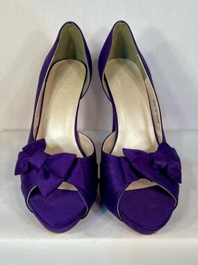 Purple Satin Peep-Toe Heels with Bow Accent Size 7.5